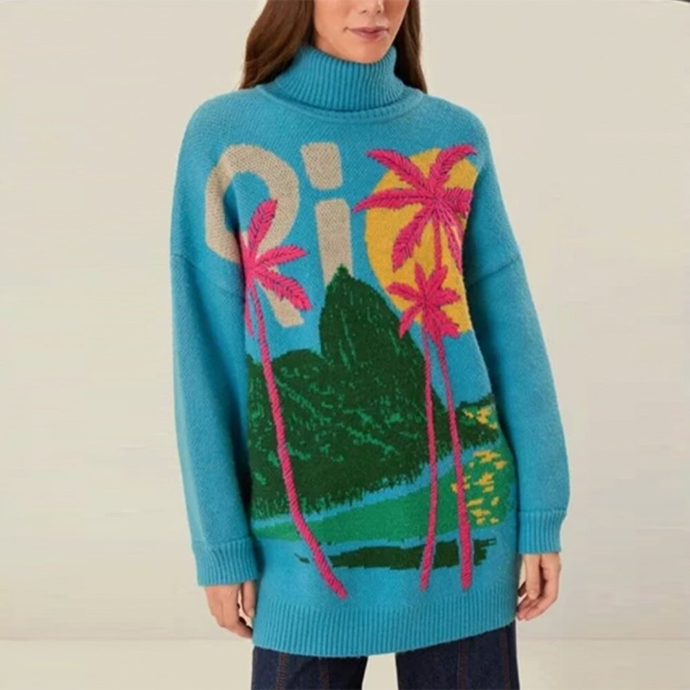 FARM RIO Tropical Island Oversized Wool Sweater - Size XL